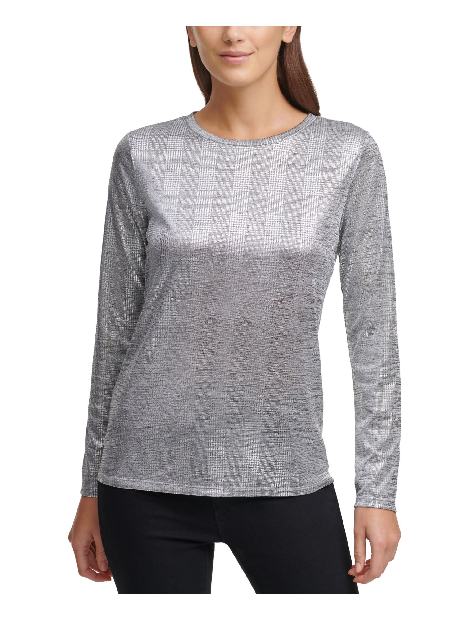 DKNY Womens Silver Metallic Long Sleeve Crew Neck Top Size: S